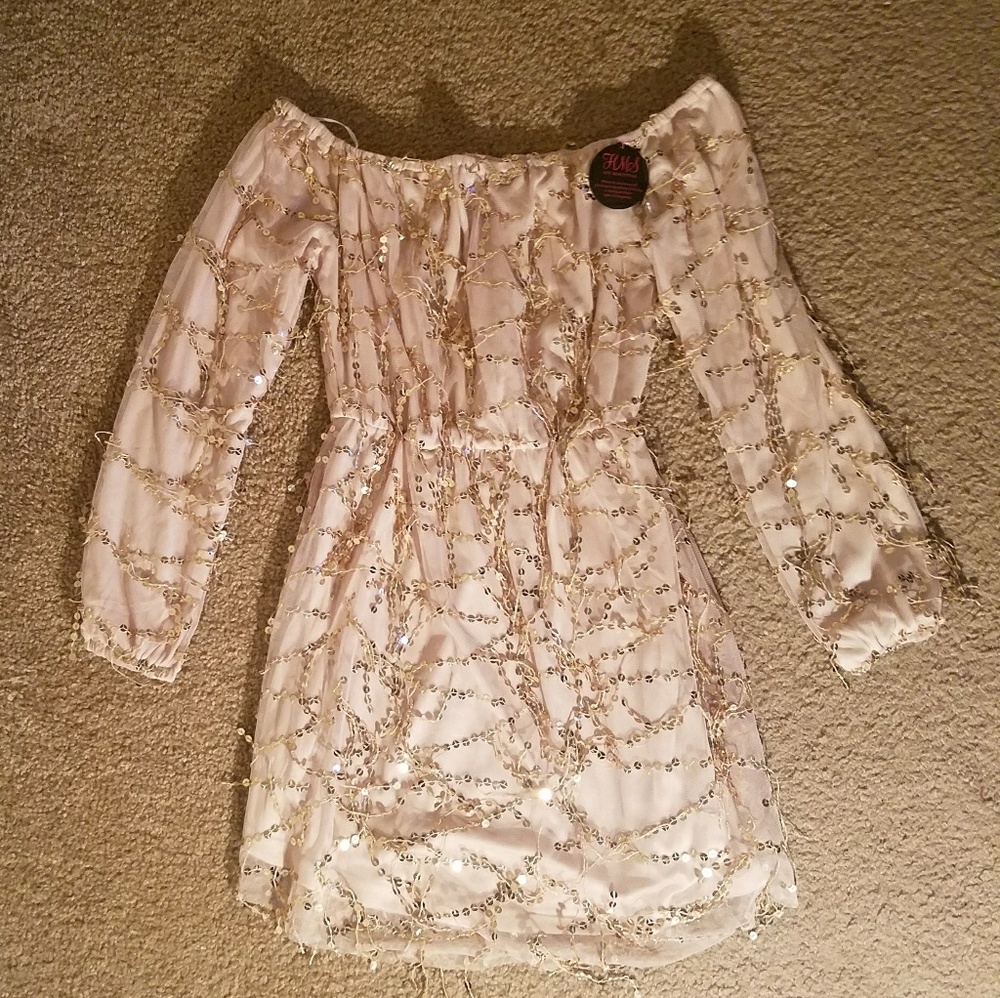 Champagne Flowing Sequin Off the Shoulder Dress L