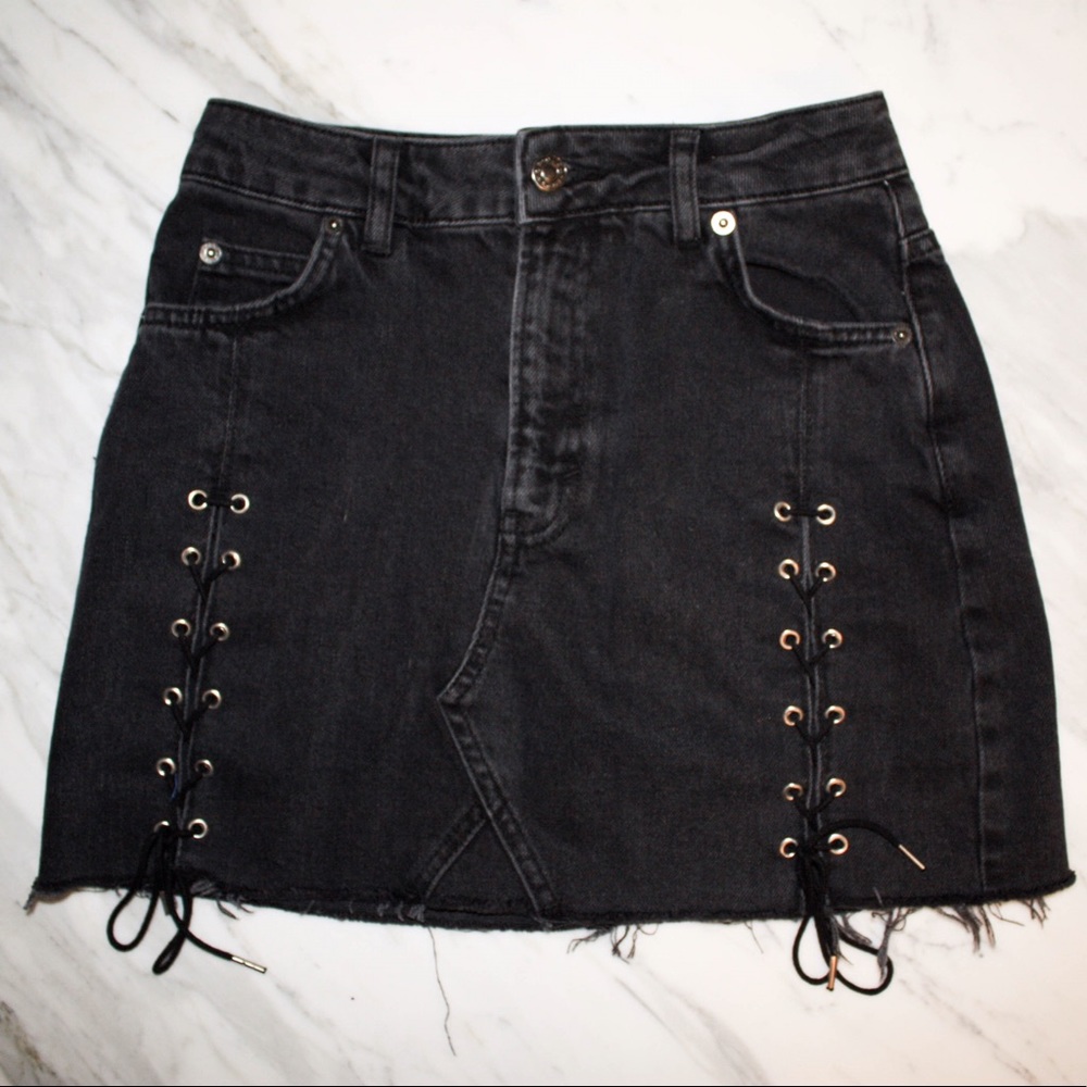 Topshop Black Denim Lace Up Skirt