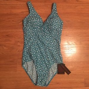 Floral print teal one piece bathing suit