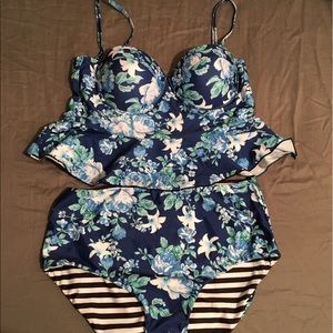Two piece, reversible bottoms, bathing suit.