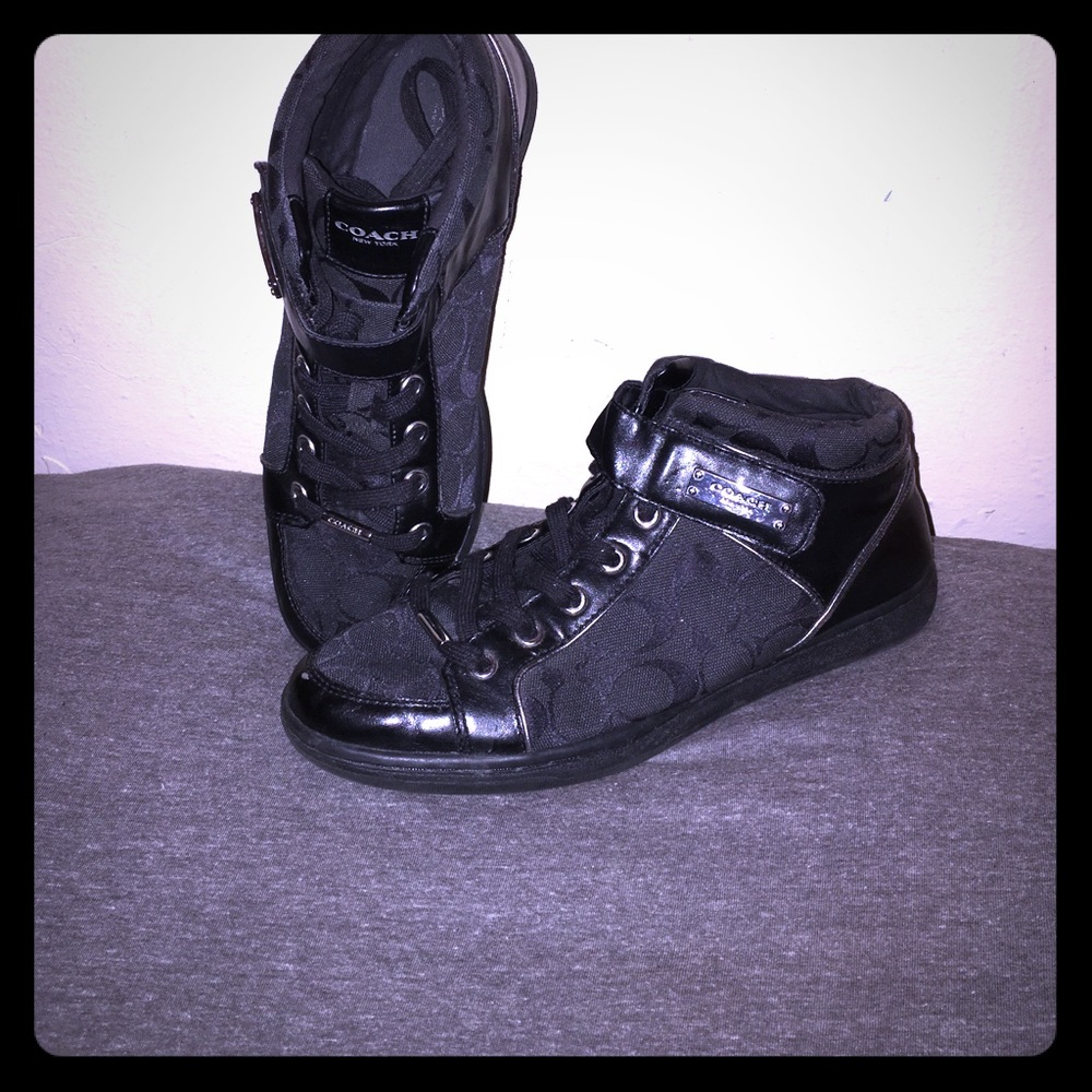 Black coach hightop sneakers with strap across