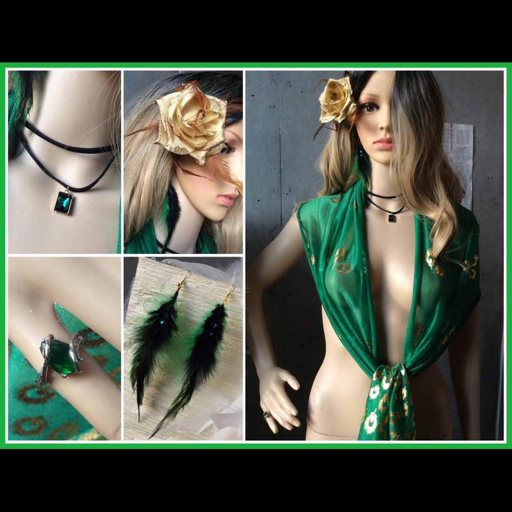 🌺 New 5pc: necklace, earrings, rose, ring & scarf