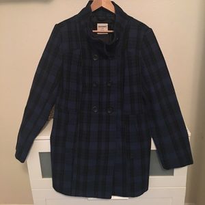 Blue plaid pea coat