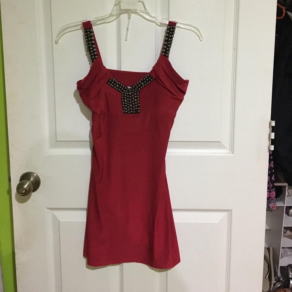 Red homecoming dress with dark silver beads!