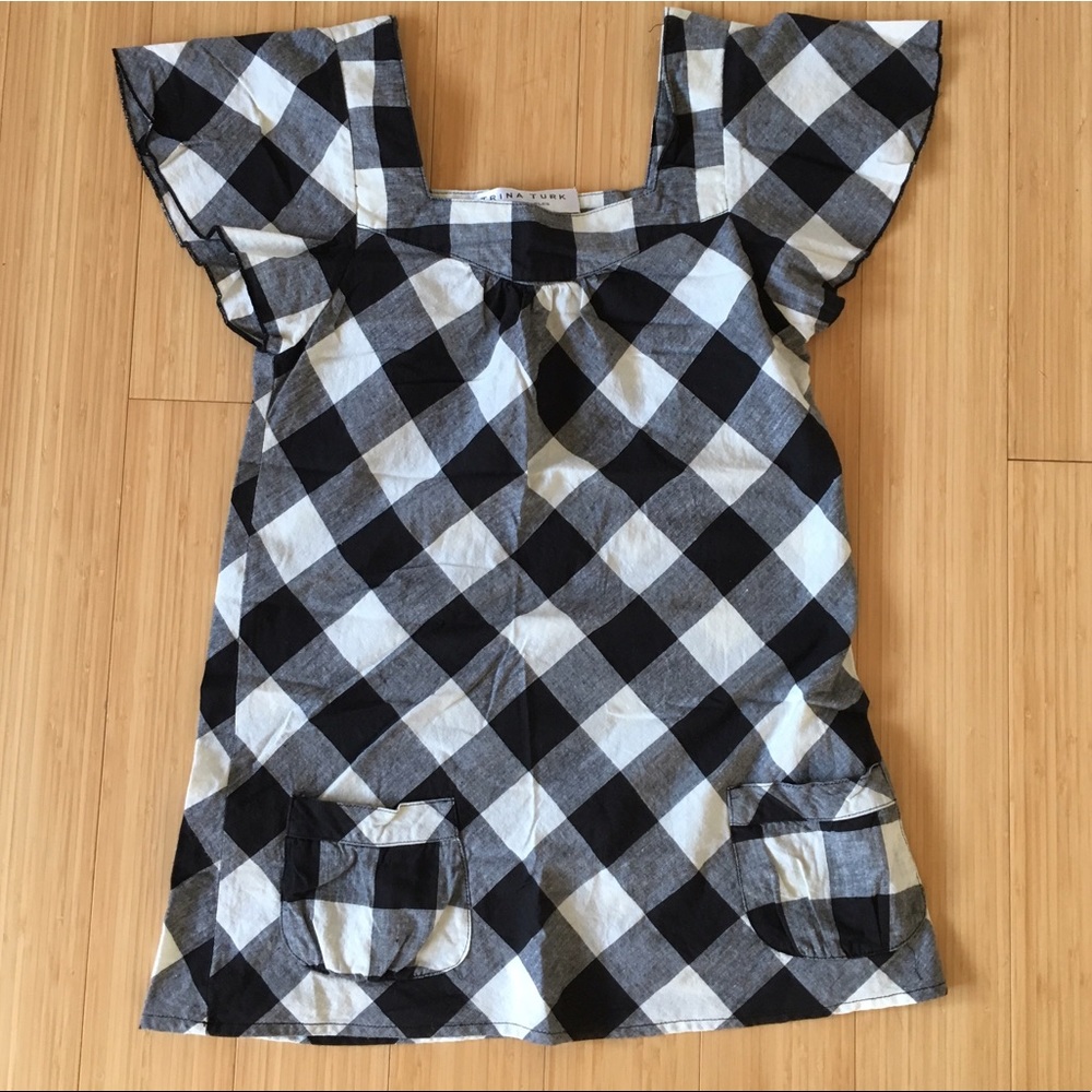 Trina Turk B/W Buffalo Plaid Flutter Sleeve Top Sm