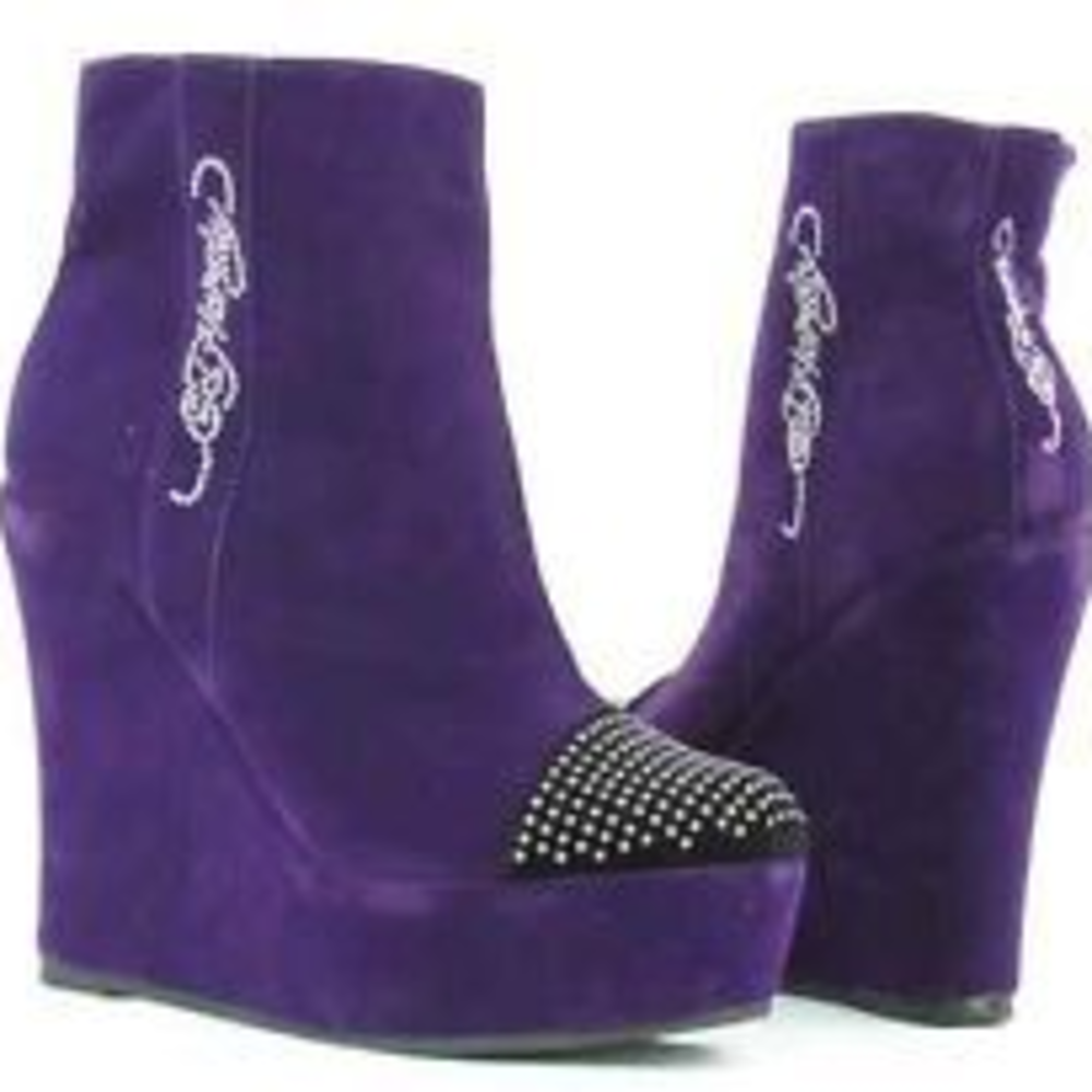 Ed Hardy Purple Velvet High Wedge Heel Booties