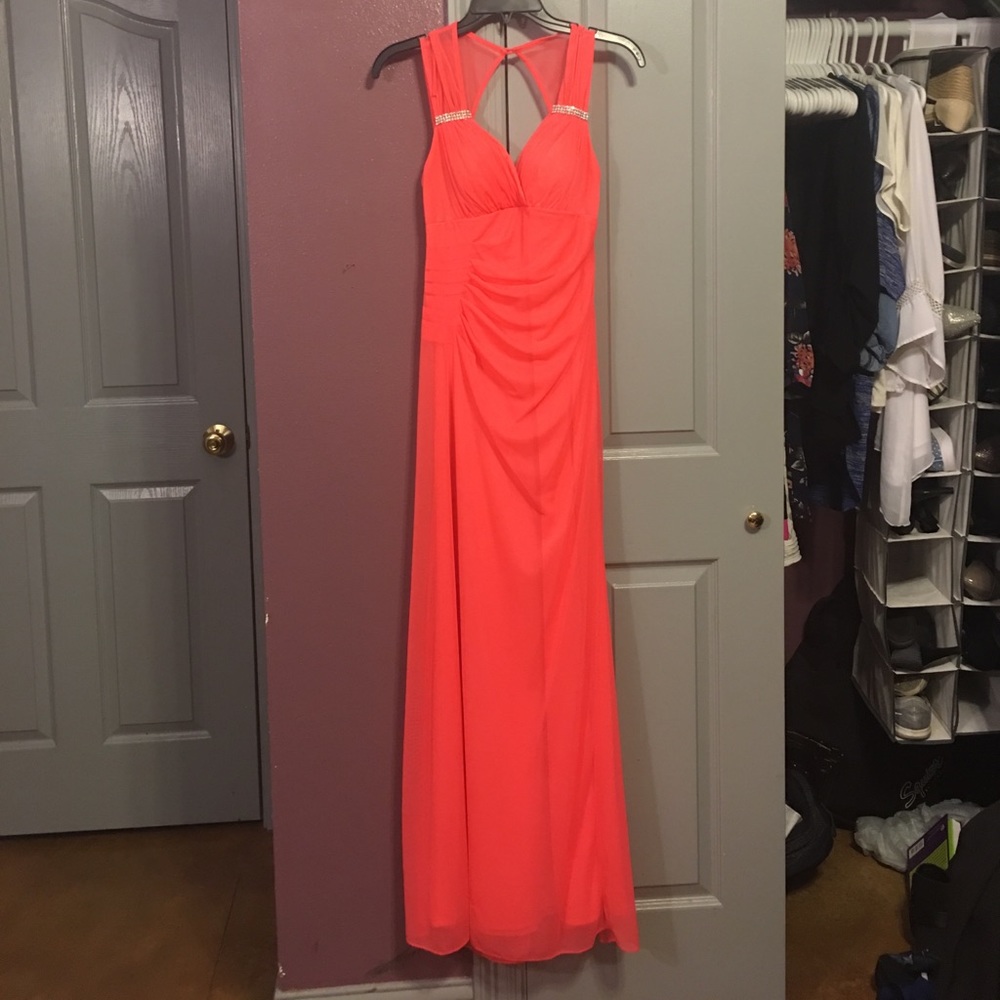 Bright orange prom dress key hole back mesh straps