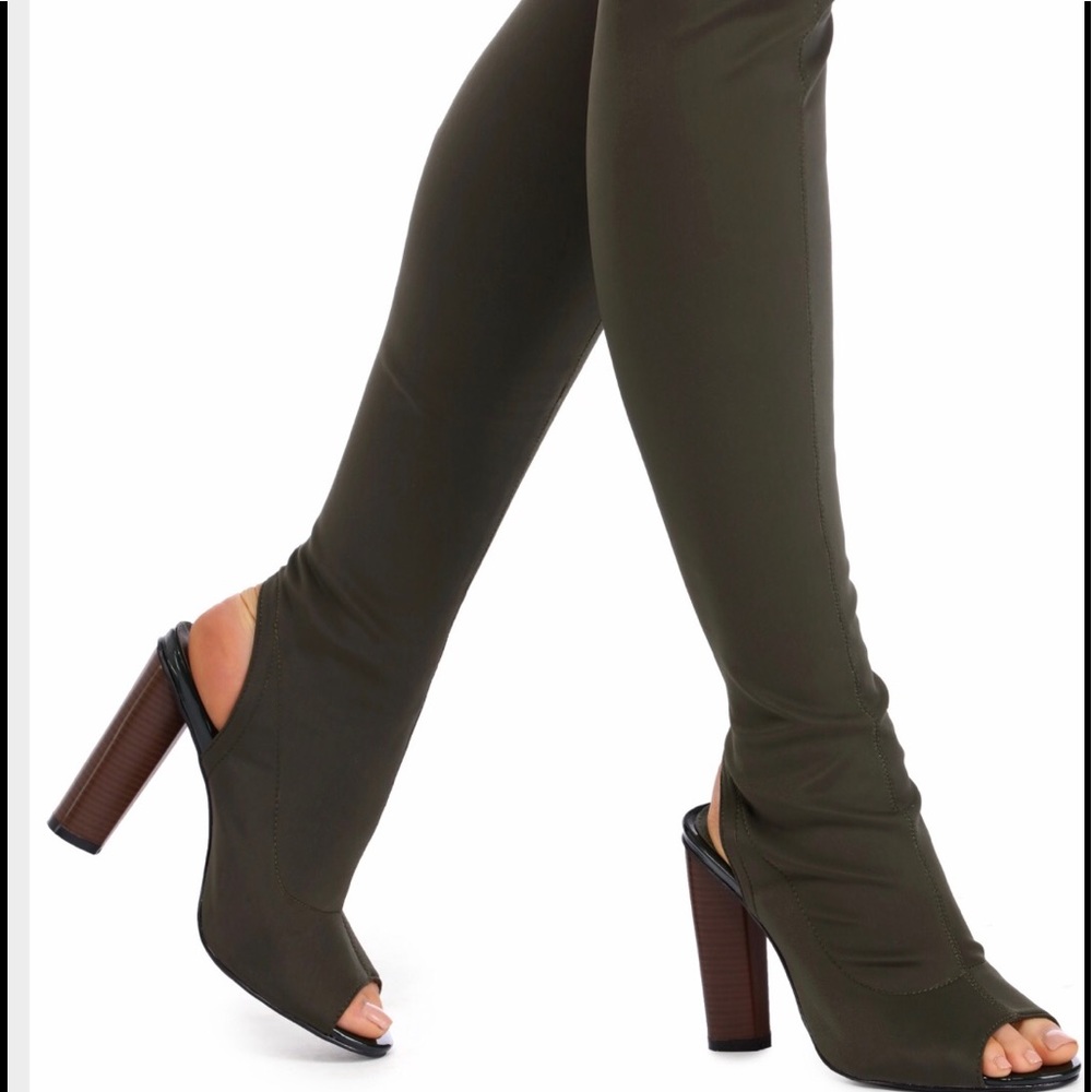 Olive Knee high toe out heel