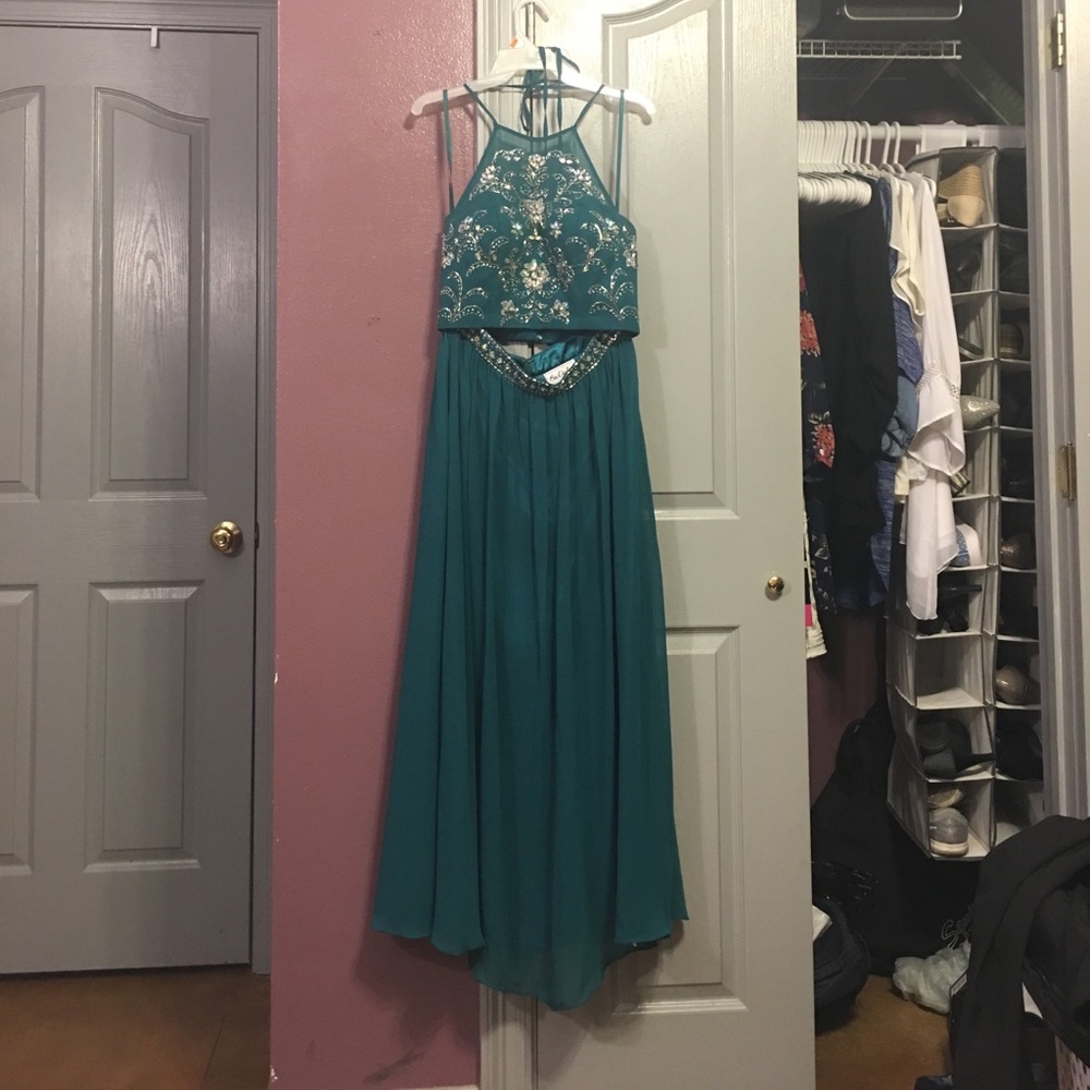 Blue green prom dress two piece halter top