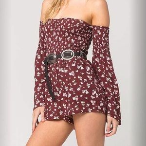 Tilly's Off-The-Shoulder Maroon Floral Romper NWOT