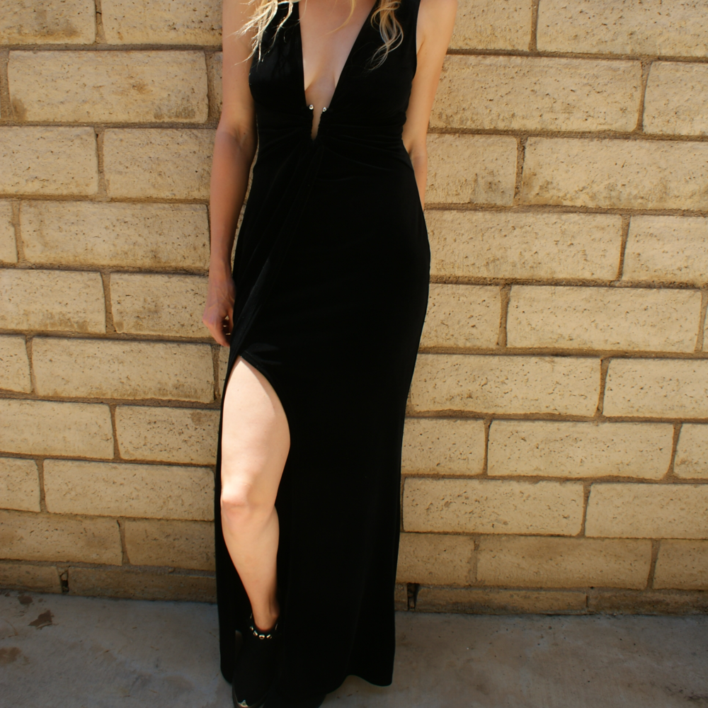 Nasty Gal Black Velvet Low Cut Maxi Dress Sz S EUC