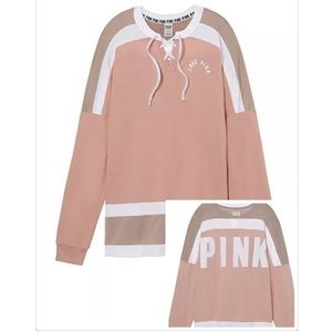 VS Pink Lace Up Color Block Oversized Pullover