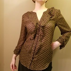 Ruffled Brown and Yellow Pattern LOFT Blouse