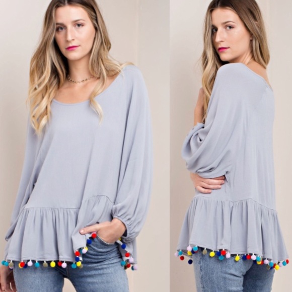 💓NEW💓 Chic Multicolor Pom Pom Gray Peplum Top - Picture 2 of 2