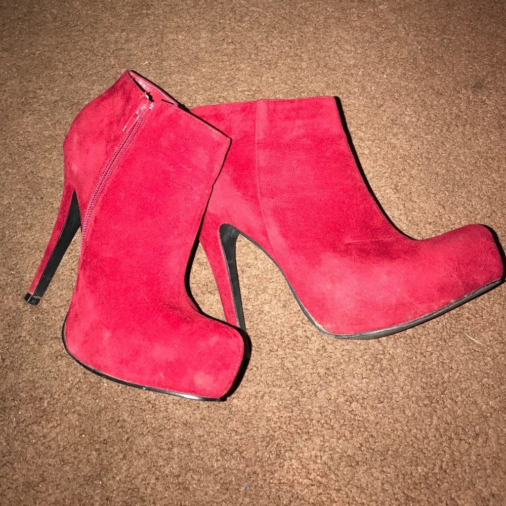 Red velvet heeled boots