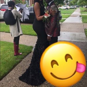 Black prom dress with tail of flowers