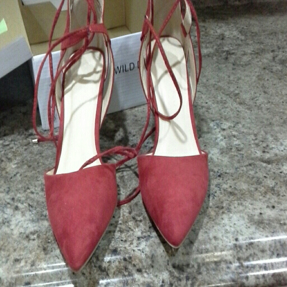 Red faux suede lace up pumps ,