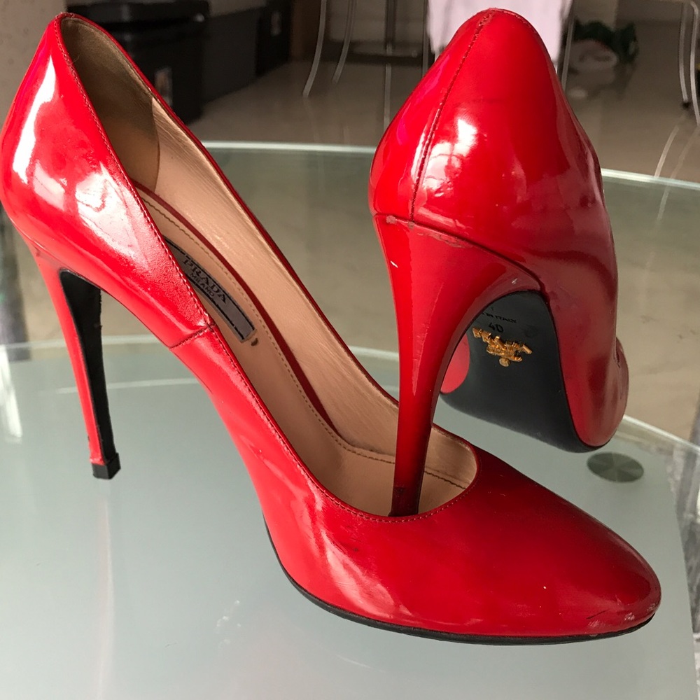 Prada pumps; cherry red, gloss finish, heels