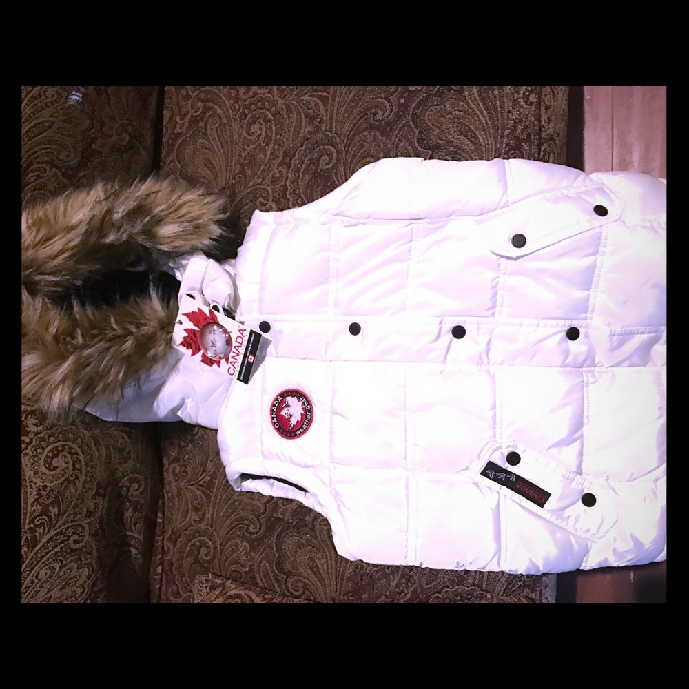 Canada Weather Gear White Puffy Vest with Fur Hood