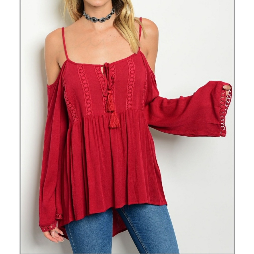 2 LEFT - Burgundy BOHO Cold Shoulder Top
