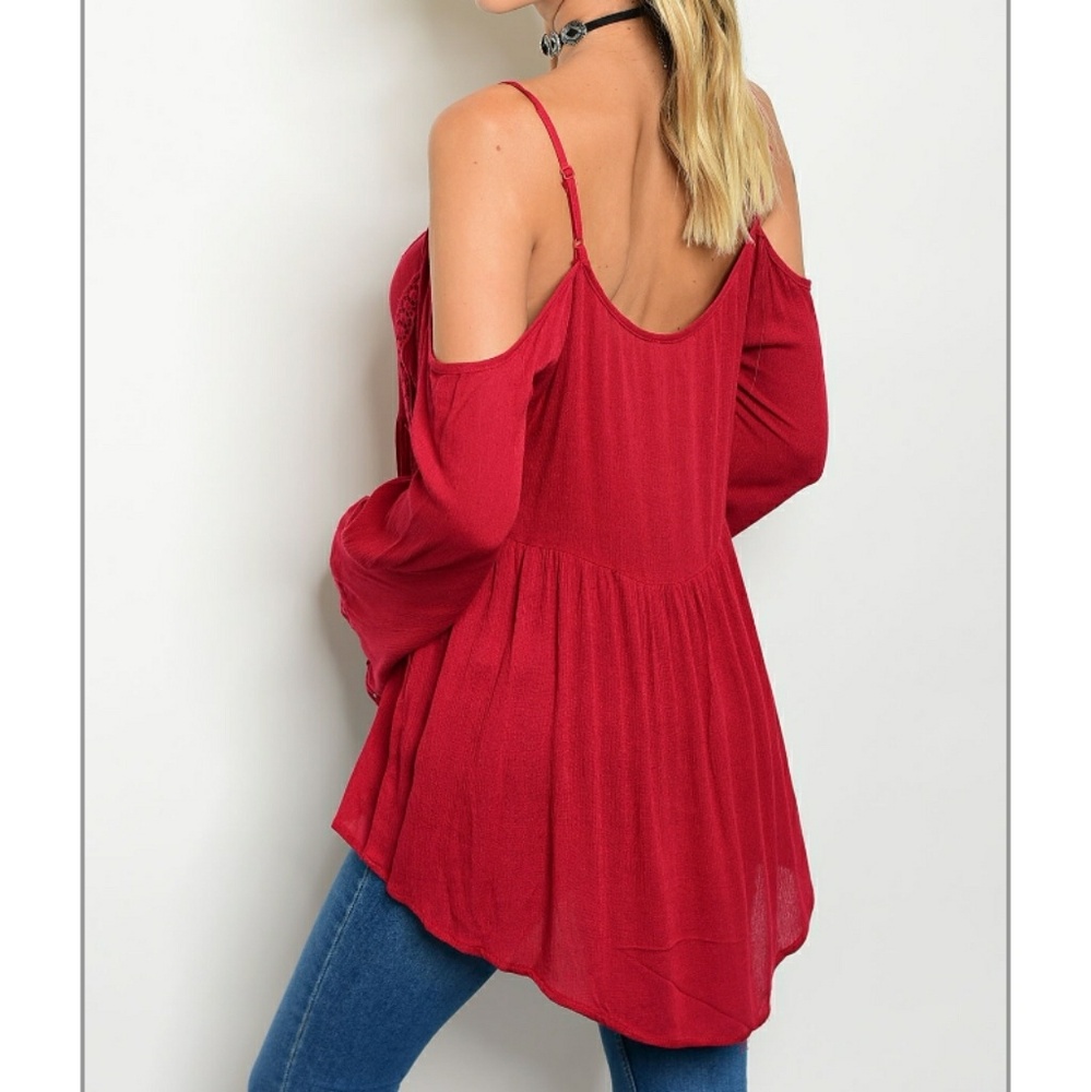 2 LEFT - Burgundy BOHO Cold Shoulder Top - Picture 2 of 7
