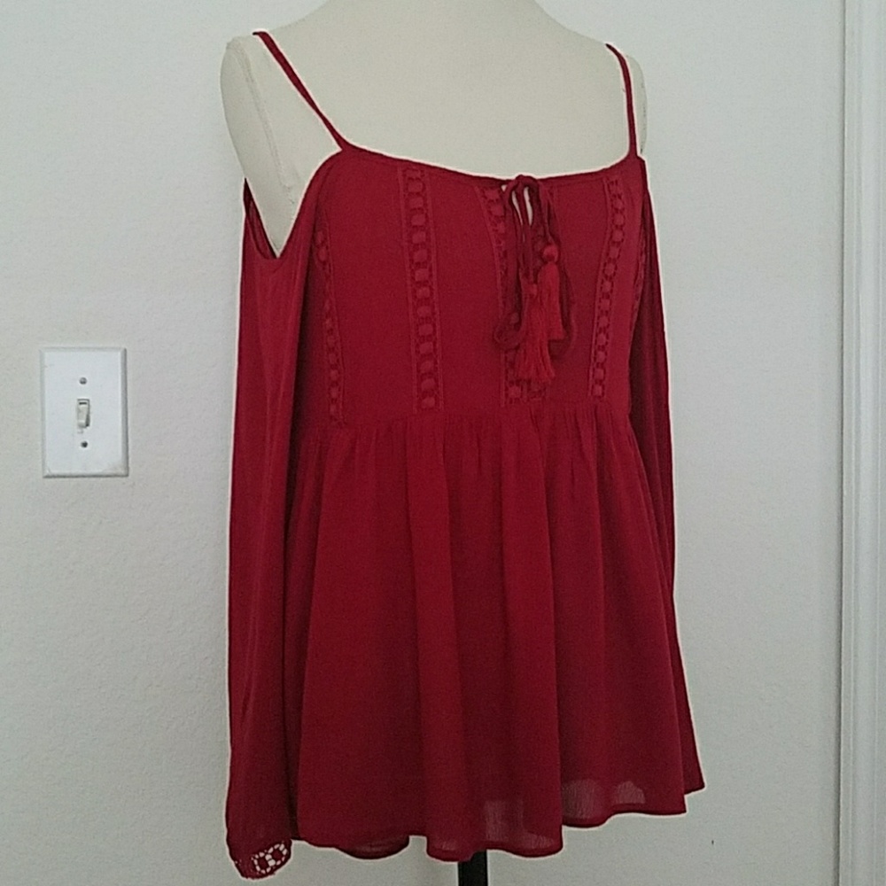 2 LEFT - Burgundy BOHO Cold Shoulder Top - Picture 4 of 7
