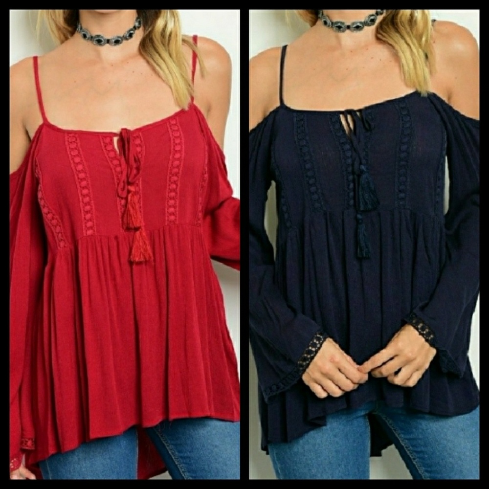 2 LEFT - Burgundy BOHO Cold Shoulder Top - Picture 7 of 7