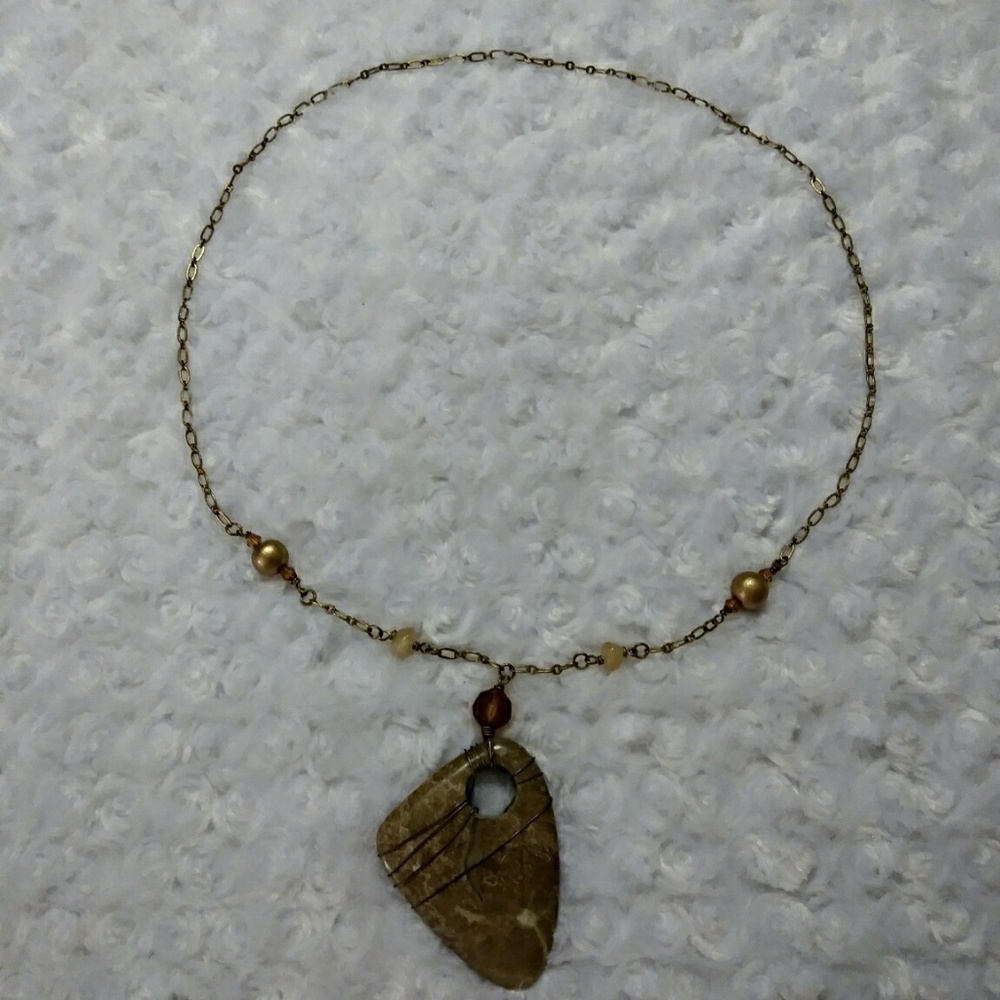 Long Gold Tone Necklace with Large Stone Pendant - Picture 2 of 5