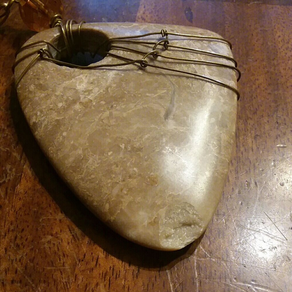 Long Gold Tone Necklace with Large Stone Pendant - Picture 5 of 5