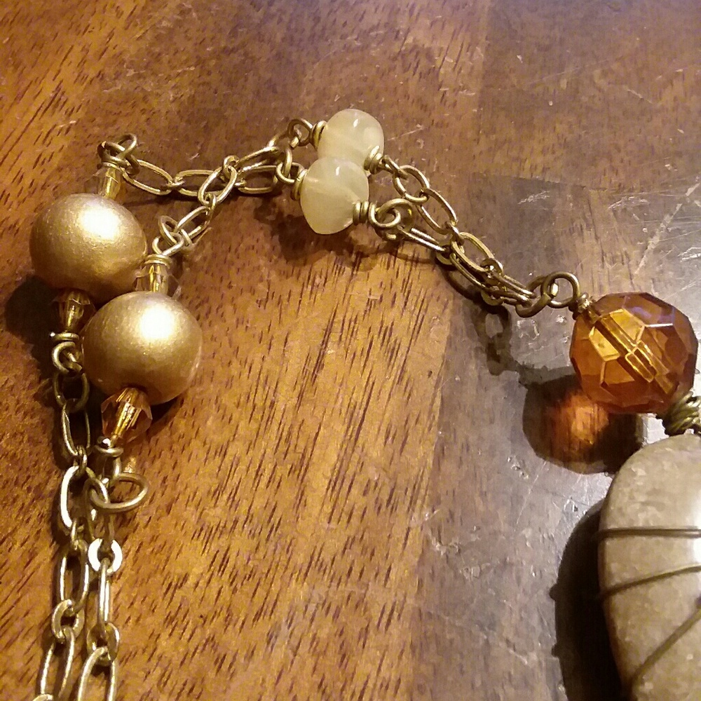 Long Gold Tone Necklace with Large Stone Pendant - Picture 3 of 5