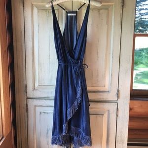 7 For All Mankind denim fringe wrap dress.