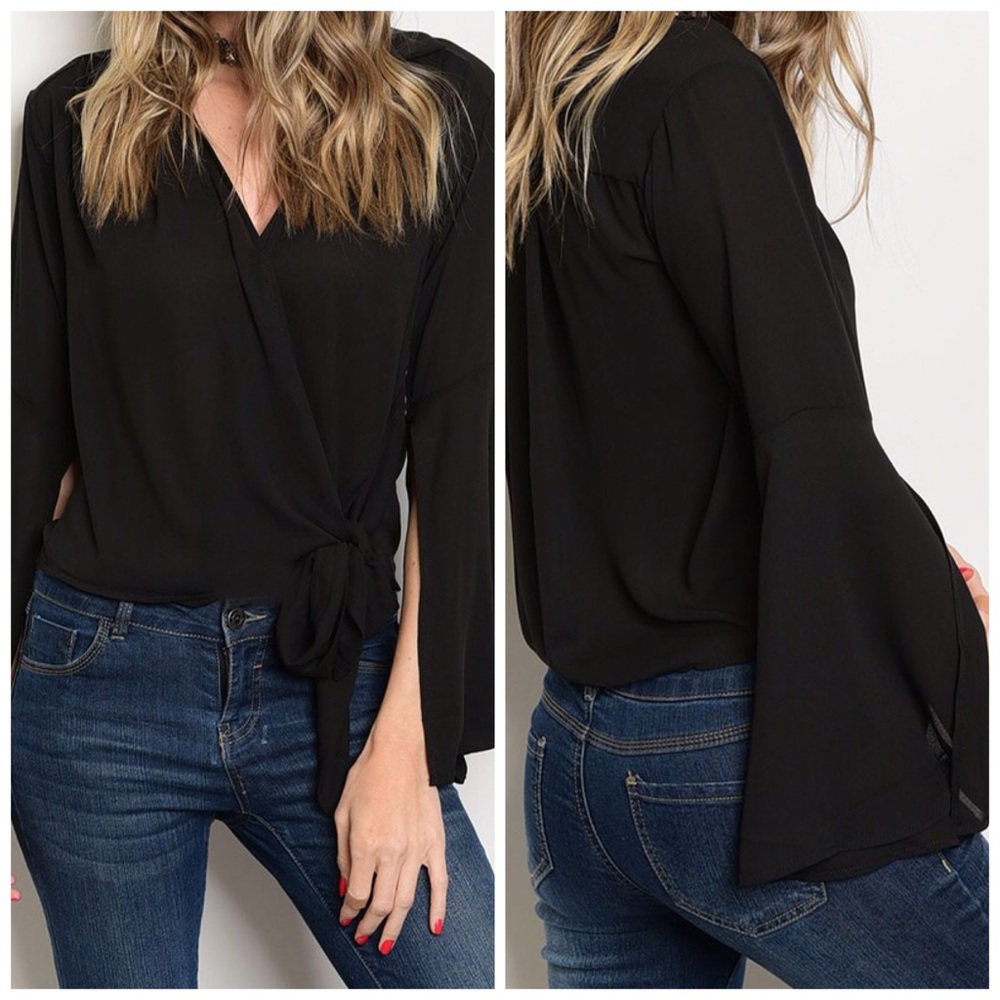 Black Bell Sleeve Wrap Tie Blouse