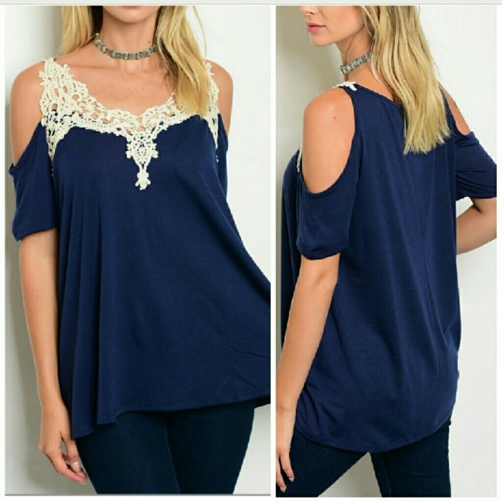 Navy Lace Cold Shoulder Top