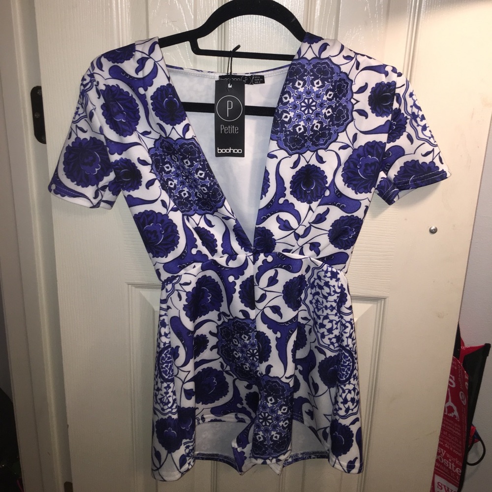Blue Patterned Boohoo Romper! Never been worn.