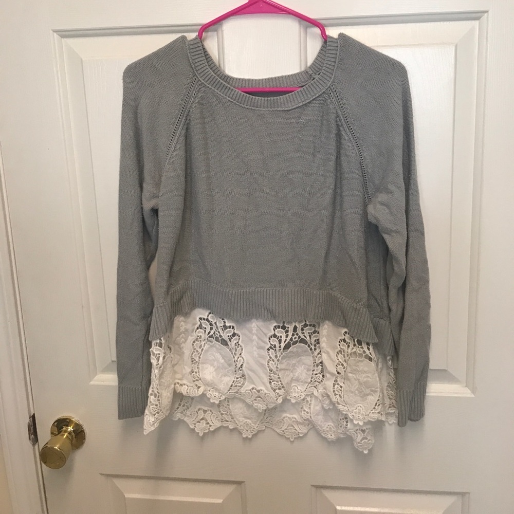 Grey and white lace high low sweater