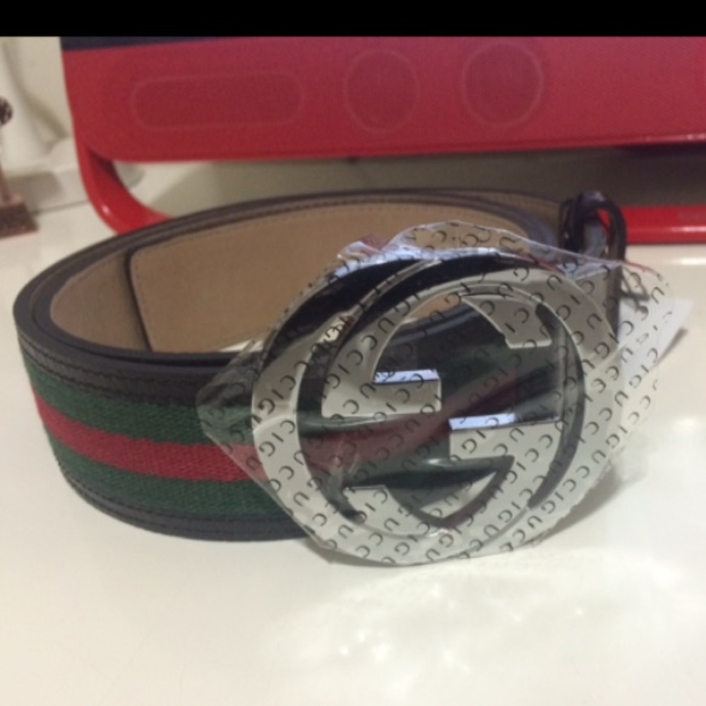 Gucci Men black,red,green leather web stripe belt
