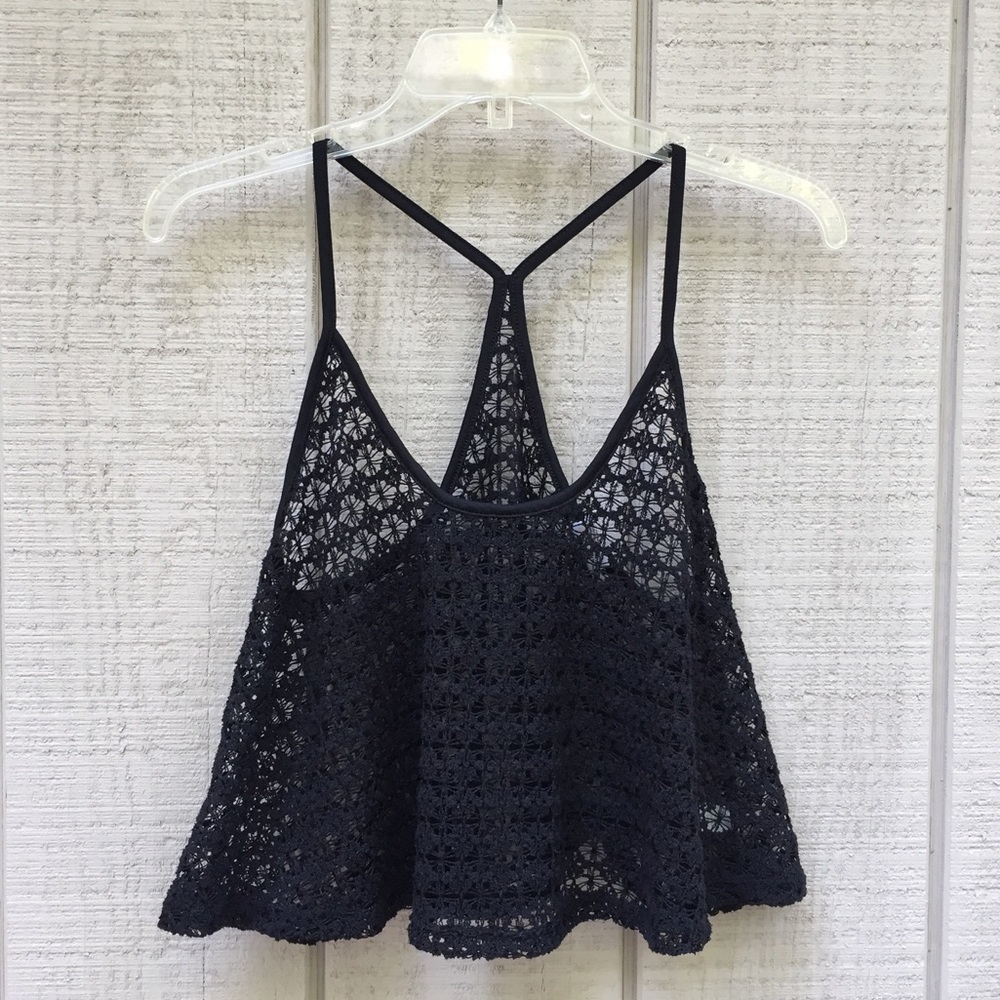 PINK black crochet lace swim cover top, S