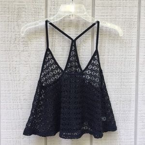 PINK black crochet lace swim cover top, S