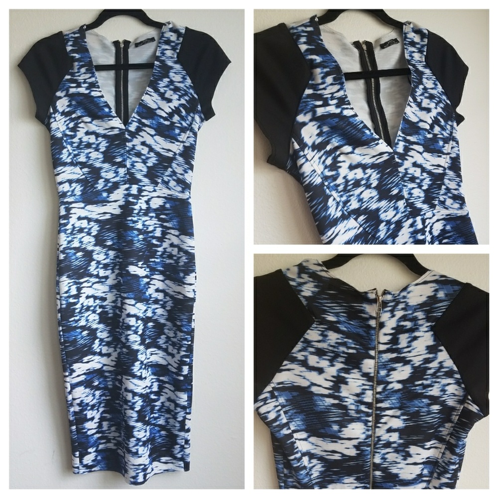 Zara V-Neck Blue Printed Scuba Dress