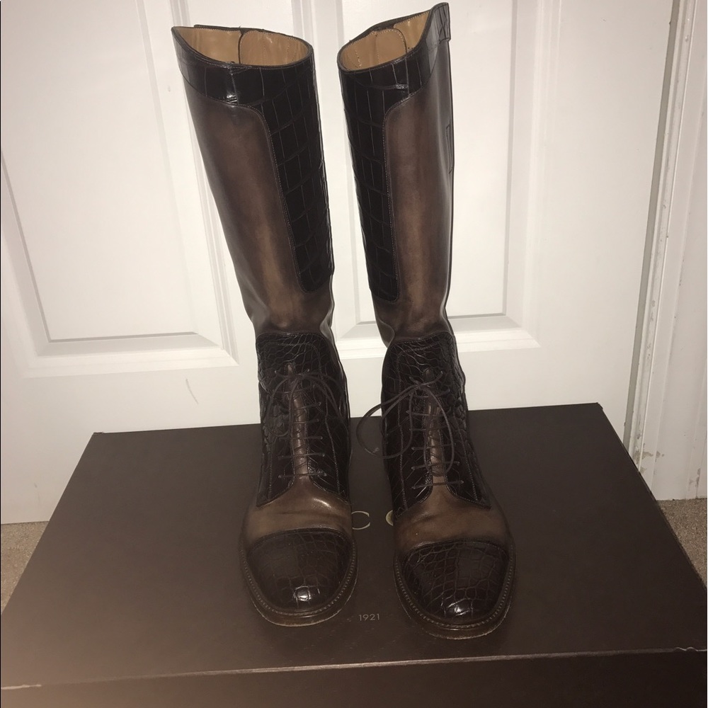 Brown Leather and Crocodile Gucci Riding Boots