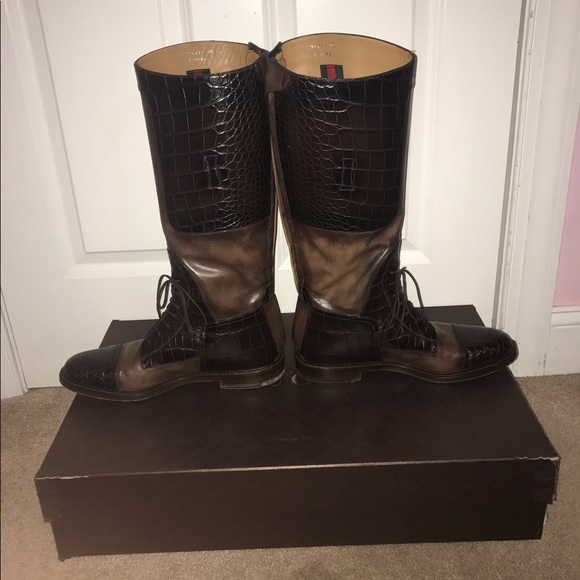 Brown Leather and Crocodile Gucci Riding Boots - Picture 2 of 7