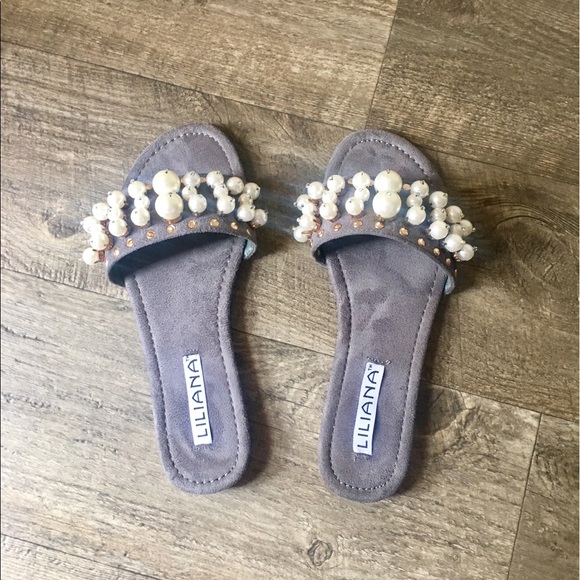 Fashion Nova Shoes - Pearl Studded Faux Suede Slippers