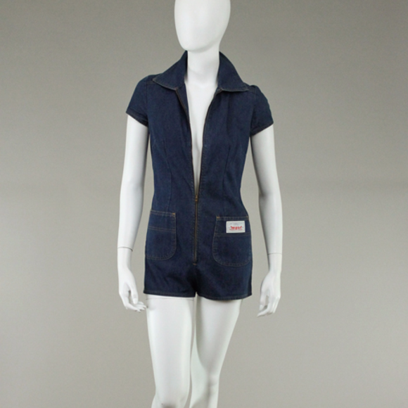 RARE VINTAGE 60s 70s LEVI STRAUSS DARK DENIM SHORT HOT PANTS ROMPER XS-S - Picture 2 of 9