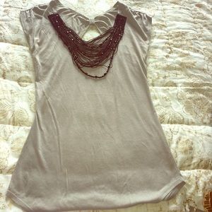 Gray top with neck fringe and beads