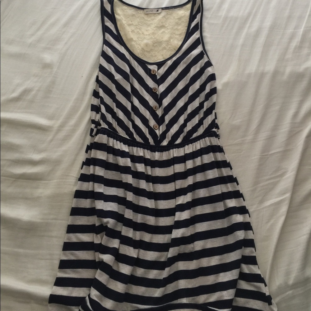 Blue and white striped summer dress with lace