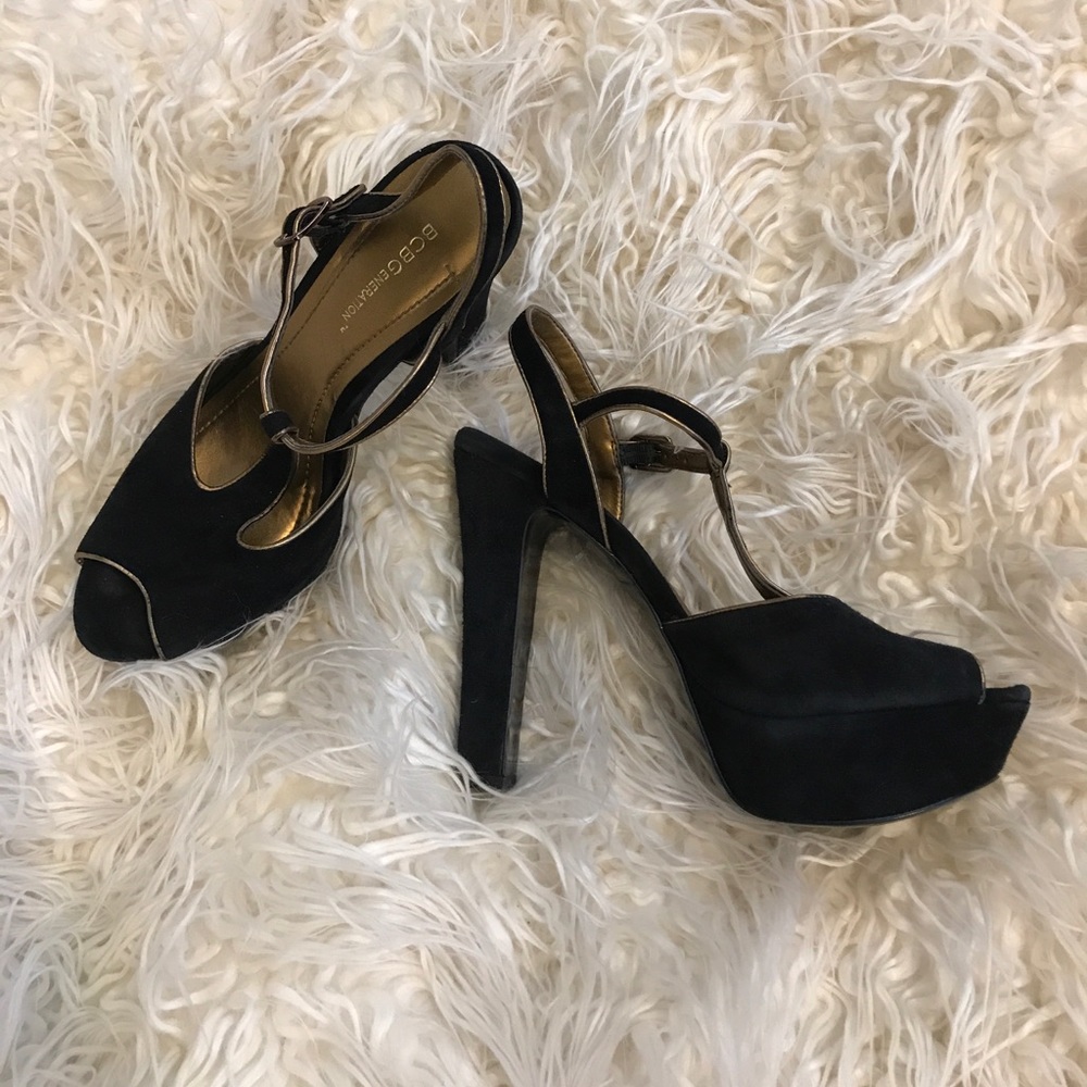 BCBG Black Suede Platform Ankle Strap Pumps