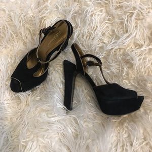 BCBG Black Suede Platform Ankle Strap Pumps