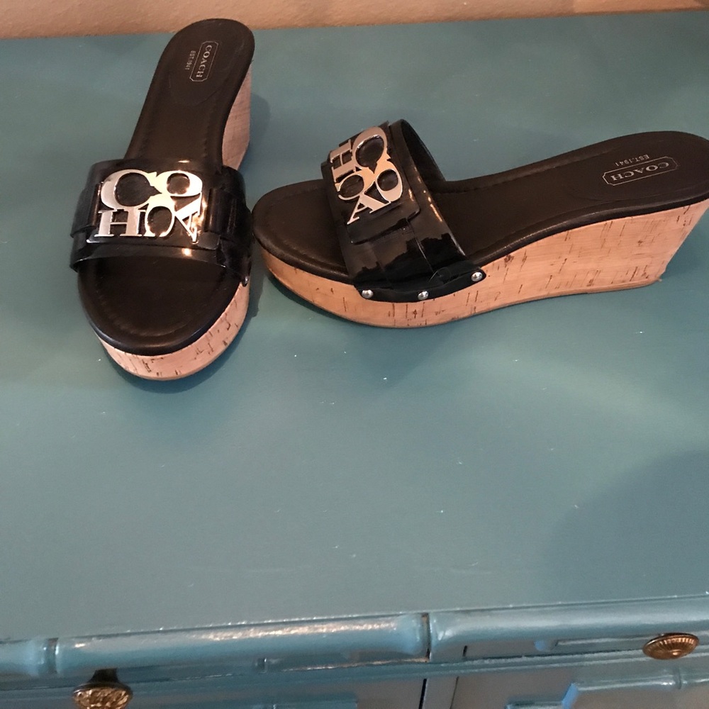Coach black patent wedge sandals
