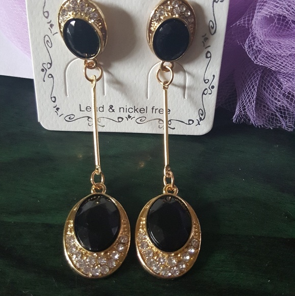 Black Double Gem and Stone Earrings~NWT - Picture 2 of 2