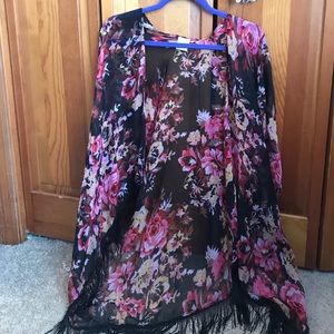 Floral Print Kimono with Fringe